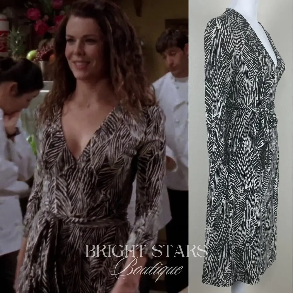 Rare Vintage Silk Wrap Dress B&W Leaf Print As Seen On Lorelai Gilmore Girls - Picture 3 of 11